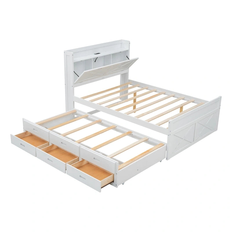 Holzplattformbett mit Stauraum-Kopfteil, Schubladen und ausziehbarem Gästebett
