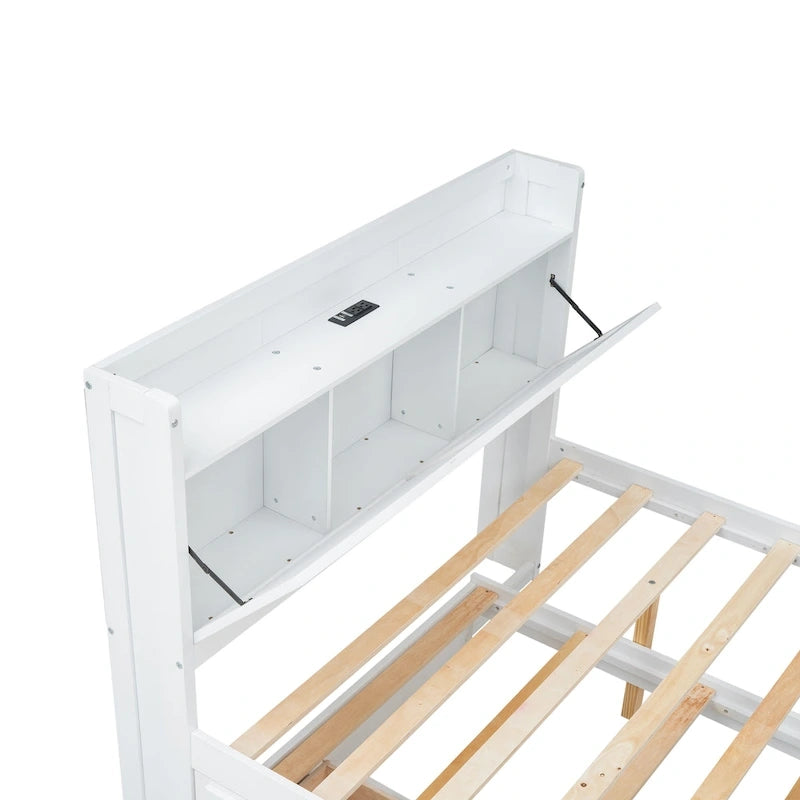 Holzplattformbett mit Stauraum-Kopfteil, Schubladen und ausziehbarem Gästebett