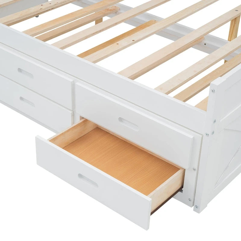 Holzplattformbett mit Stauraum-Kopfteil, Schubladen und ausziehbarem Gästebett
