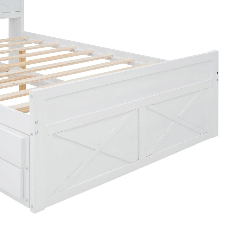 Holzplattformbett mit Stauraum-Kopfteil, Schubladen und ausziehbarem Gästebett