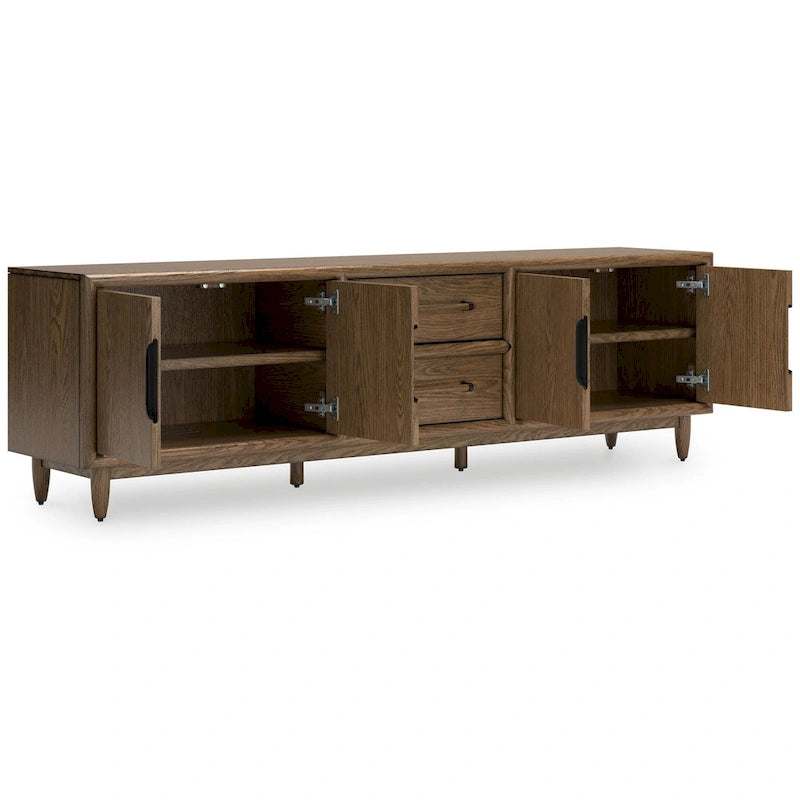 Dark Brown Oak Veneer TV Console with Drawers and Cabinets