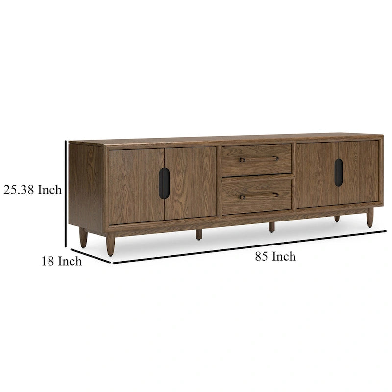 Dark Brown Oak Veneer TV Console with Drawers and Cabinets