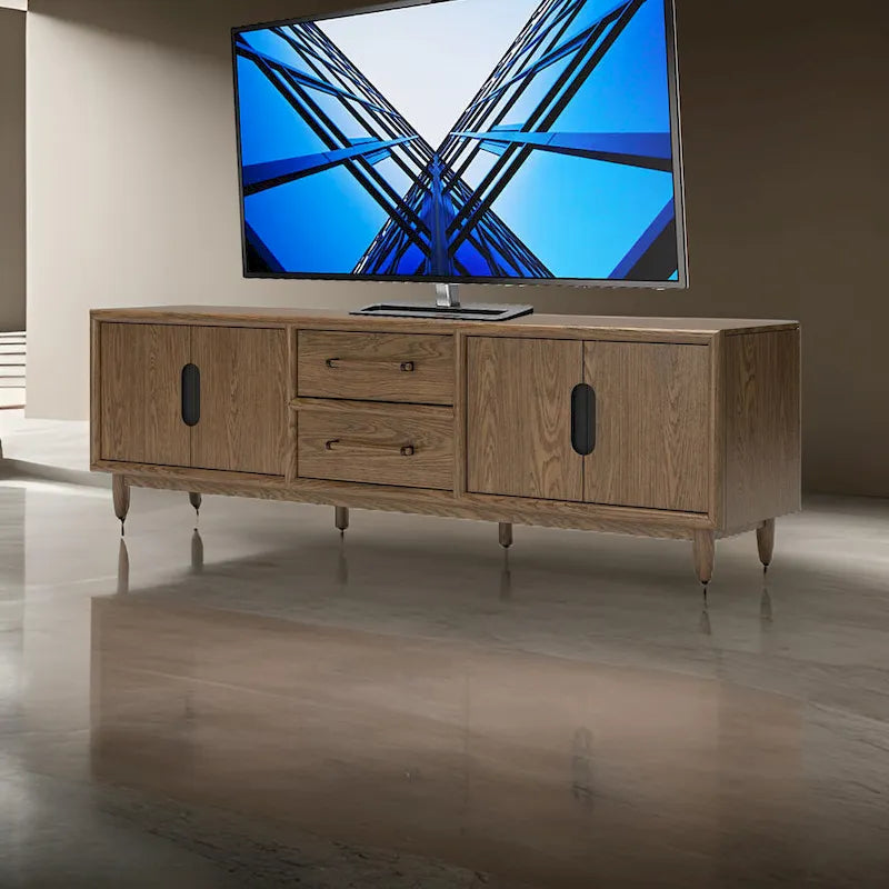 Dark Brown Oak Veneer TV Console with Drawers and Cabinets
