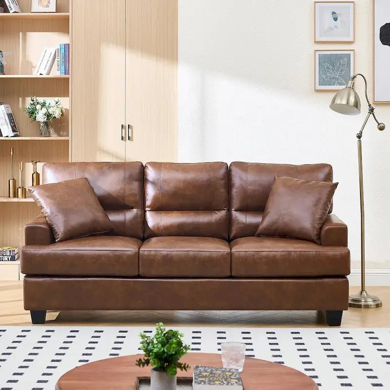 Dreisitziges Sofa aus Kunstleder im Mid-Century-Stil mit eckigen Armlehnen