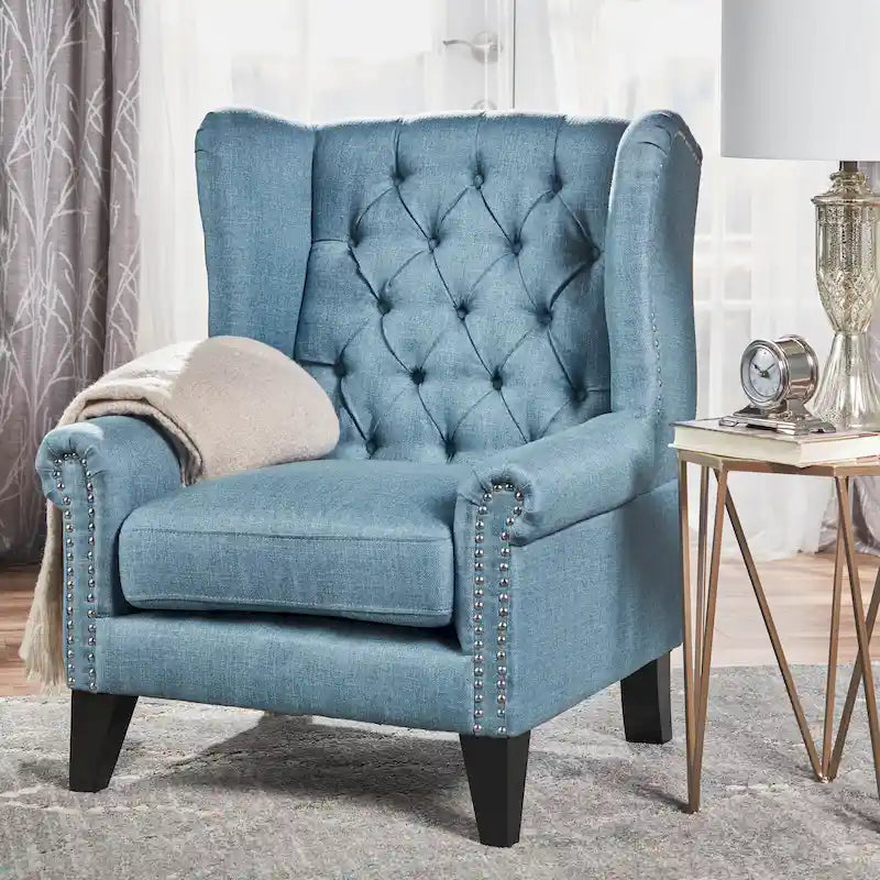 Blue Fabric High-Back Tufted Accent Armchair with Nailhead Trim