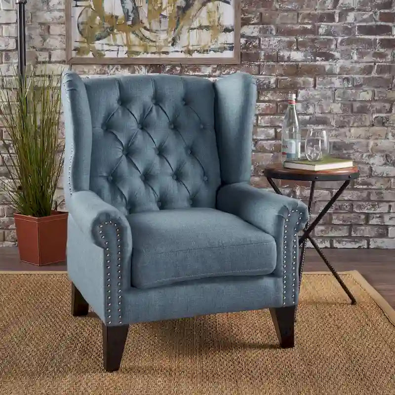 Blue Fabric High-Back Tufted Accent Armchair with Nailhead Trim