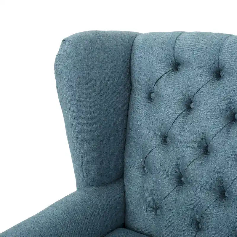 Blauer gepolsterter Akzent-Sessel mit hoher Rückenlehne, Knopfheftung und Nagelkopfbesatz