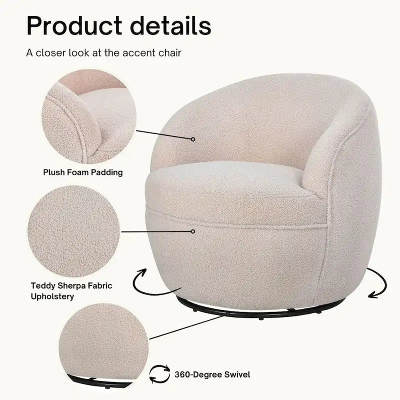 360-Degree Swivel Teddy Sherpa Barrel Accent Chair with Metal Base