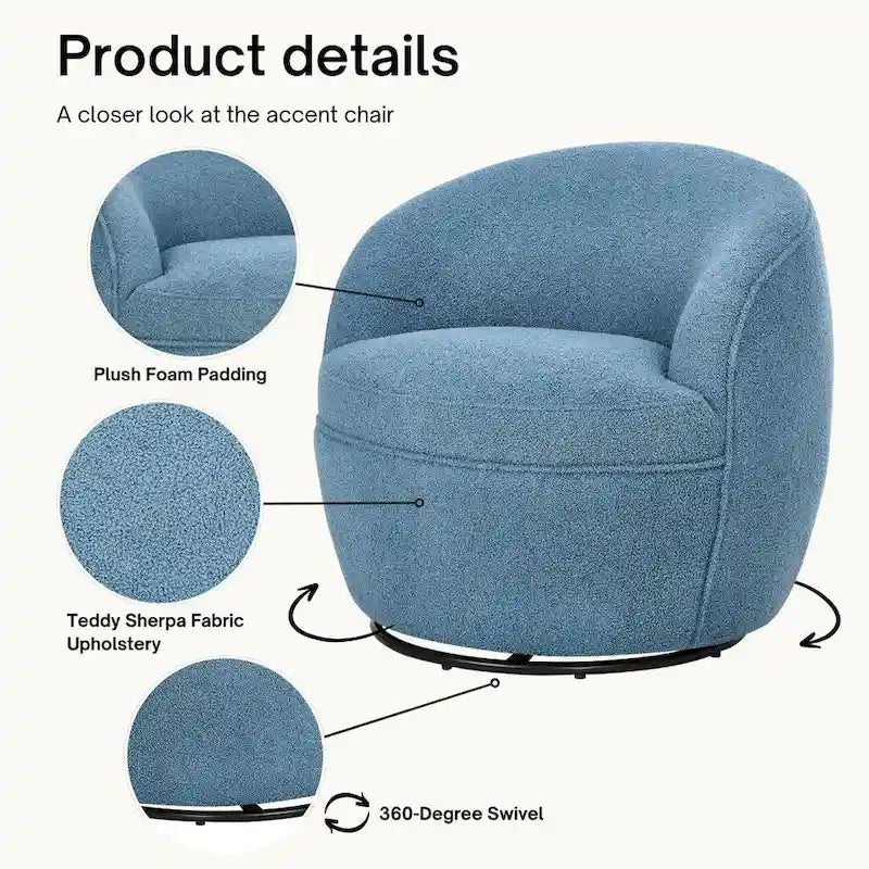 360-Degree Swivel Teddy Sherpa Barrel Accent Chair with Metal Base