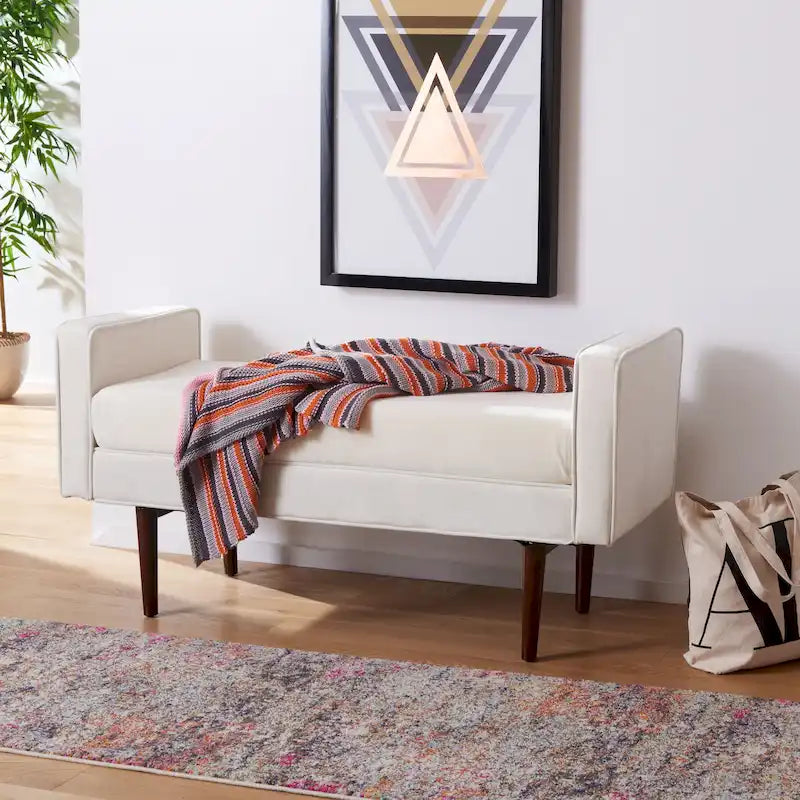 Gepolsterte Sitzbank im Mid-Century-Modern-Stil mit gepolsterten Armlehnen, Walnussholzbeinen, Samt und Leinen