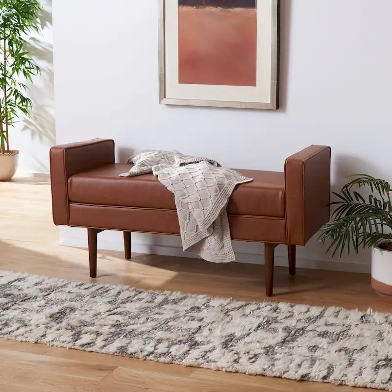 Mid-Century Modern Upholstered Bench with Cushioned Armrests Walnut Legs Velvet Linen