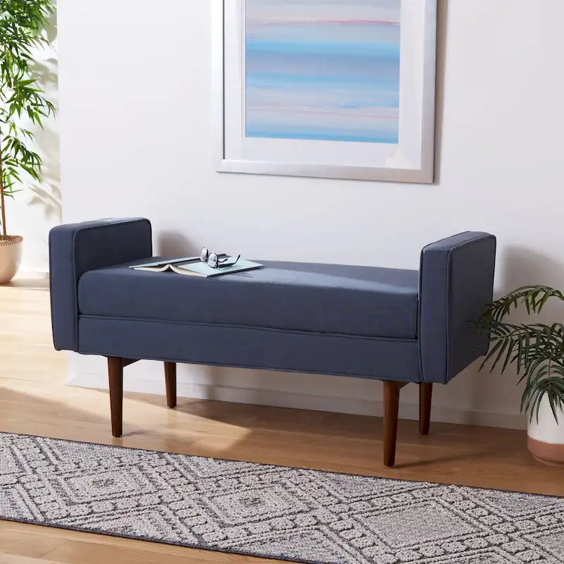 Mid-Century Modern Upholstered Bench with Cushioned Armrests Walnut Legs Velvet Linen
