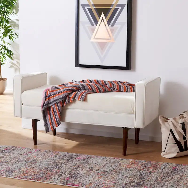 Gepolsterte Sitzbank im Mid-Century-Modern-Stil mit gepolsterten Armlehnen, Walnussholzbeinen, Samt und Leinen