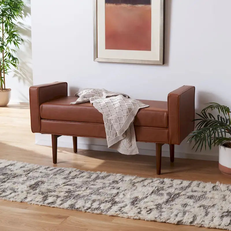 Mid-Century Modern Upholstered Bench with Cushioned Armrests Walnut Legs Velvet Linen