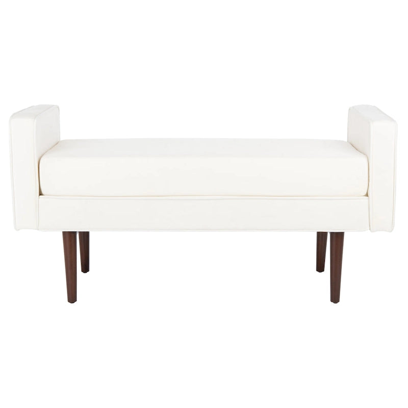 Gepolsterte Sitzbank im Mid-Century-Modern-Stil mit gepolsterten Armlehnen, Walnussholzbeinen, Samt und Leinen