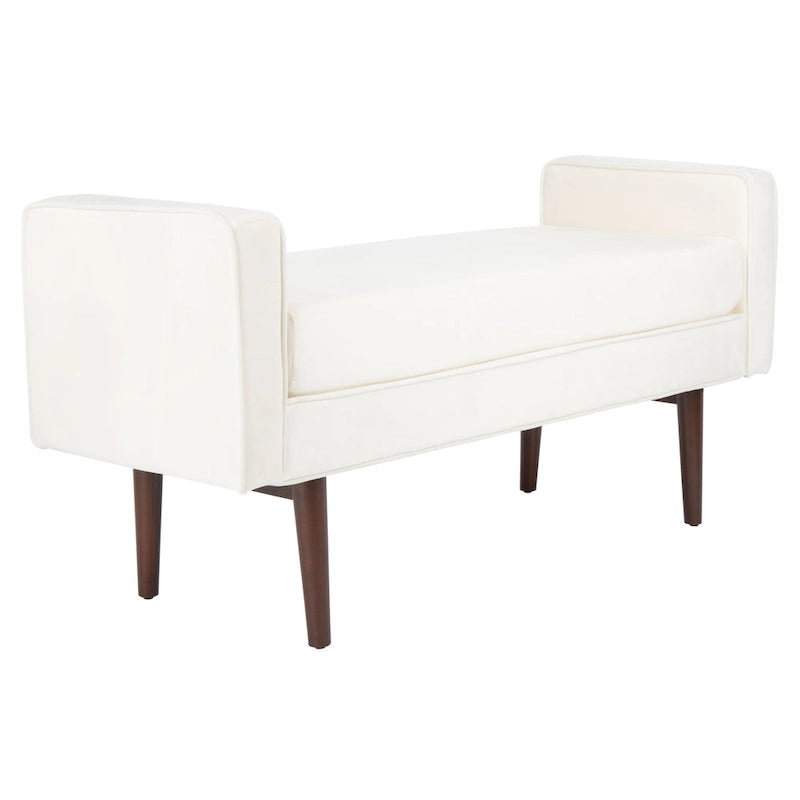 Gepolsterte Sitzbank im Mid-Century-Modern-Stil mit gepolsterten Armlehnen, Walnussholzbeinen, Samt und Leinen