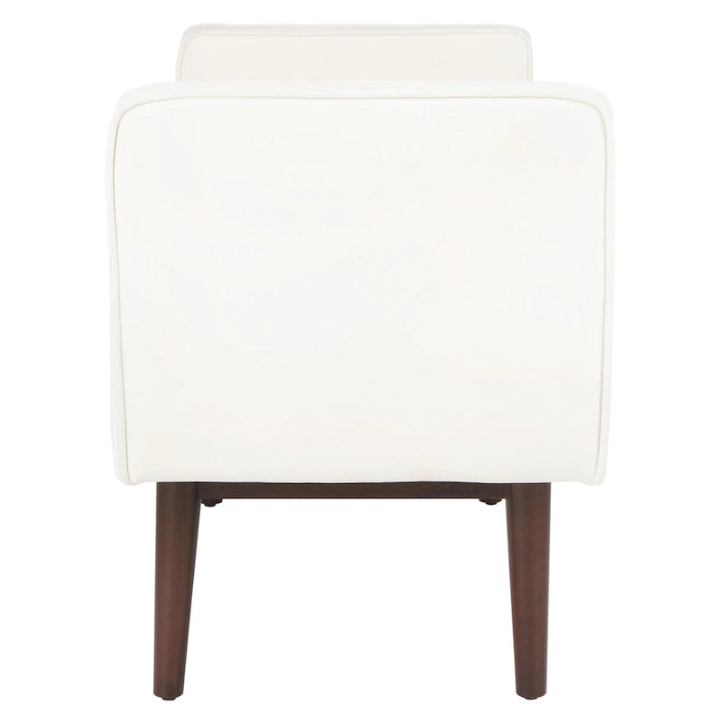Gepolsterte Sitzbank im Mid-Century-Modern-Stil mit gepolsterten Armlehnen, Walnussholzbeinen, Samt und Leinen