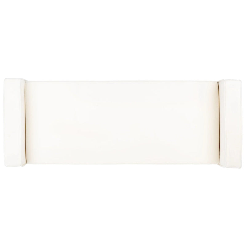 Gepolsterte Sitzbank im Mid-Century-Modern-Stil mit gepolsterten Armlehnen, Walnussholzbeinen, Samt und Leinen