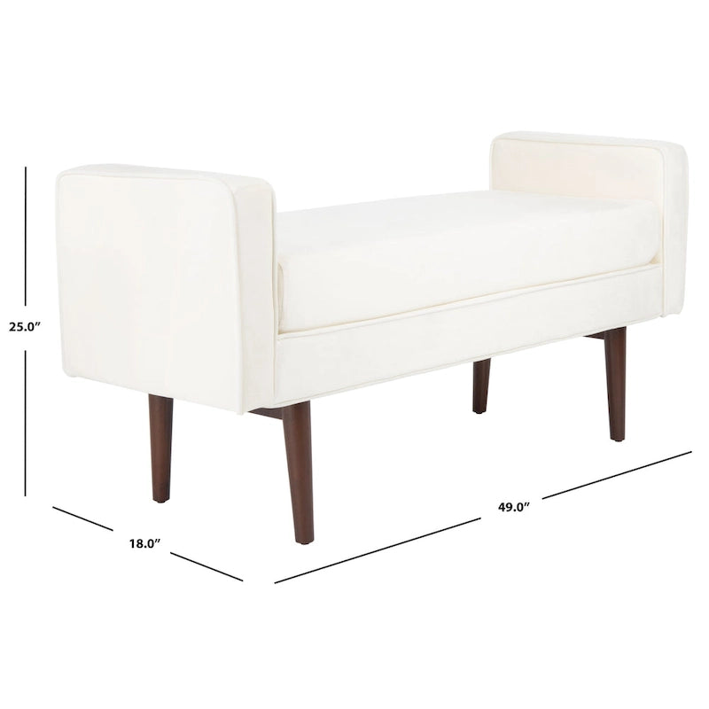 Gepolsterte Sitzbank im Mid-Century-Modern-Stil mit gepolsterten Armlehnen, Walnussholzbeinen, Samt und Leinen