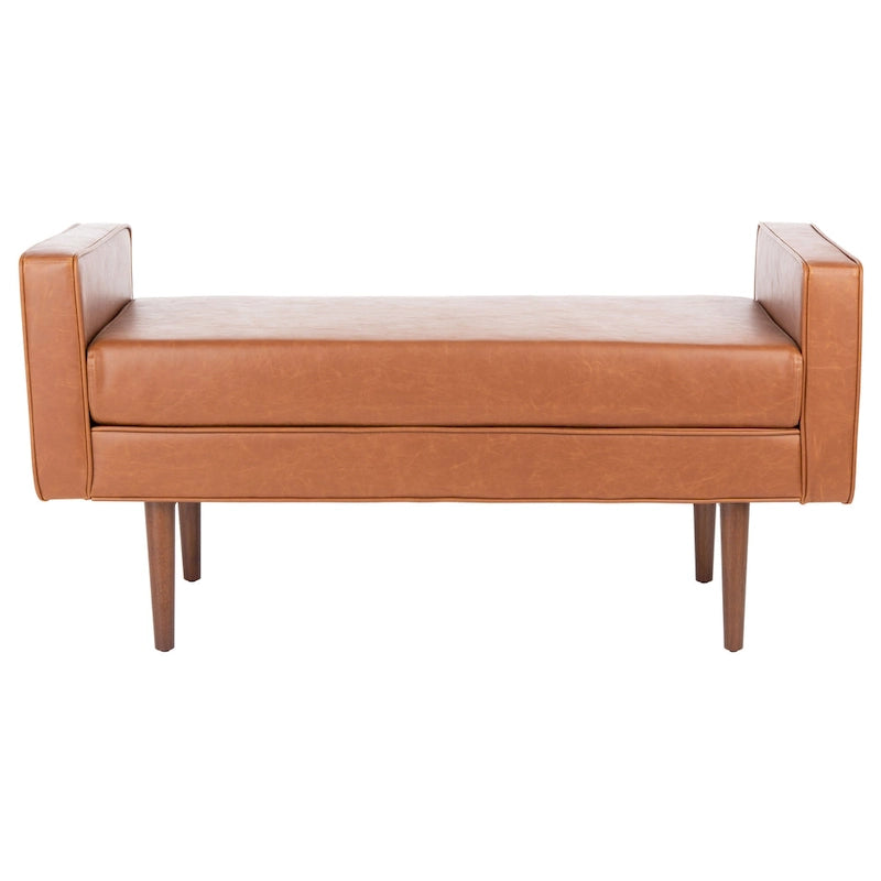 Gepolsterte Sitzbank im Mid-Century-Modern-Stil mit gepolsterten Armlehnen, Walnussholzbeinen, Samt und Leinen