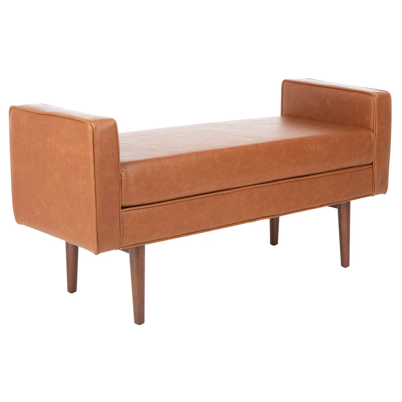 Gepolsterte Sitzbank im Mid-Century-Modern-Stil mit gepolsterten Armlehnen, Walnussholzbeinen, Samt und Leinen