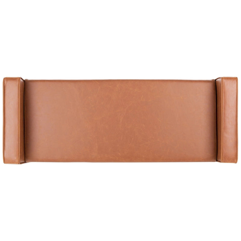 Gepolsterte Sitzbank im Mid-Century-Modern-Stil mit gepolsterten Armlehnen, Walnussholzbeinen, Samt und Leinen