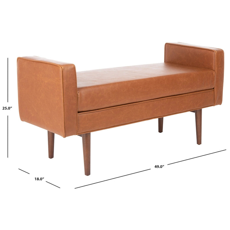Gepolsterte Sitzbank im Mid-Century-Modern-Stil mit gepolsterten Armlehnen, Walnussholzbeinen, Samt und Leinen