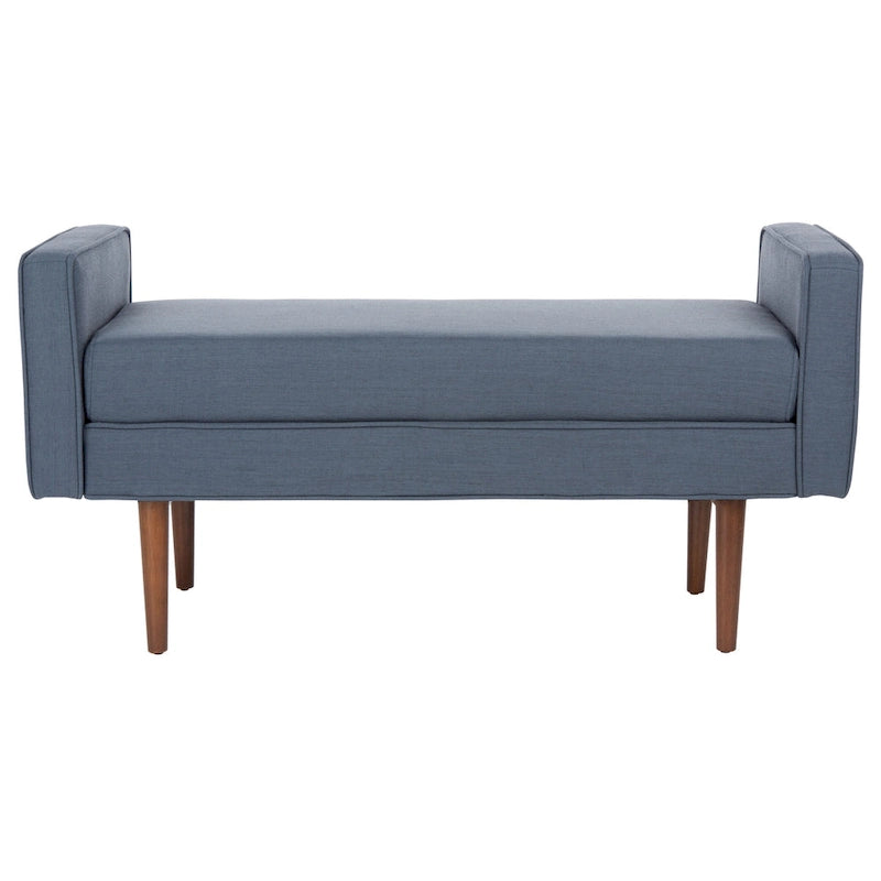 Gepolsterte Sitzbank im Mid-Century-Modern-Stil mit gepolsterten Armlehnen, Walnussholzbeinen, Samt und Leinen