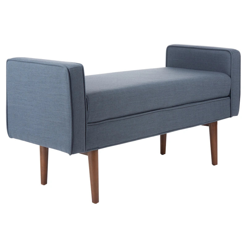 Gepolsterte Sitzbank im Mid-Century-Modern-Stil mit gepolsterten Armlehnen, Walnussholzbeinen, Samt und Leinen