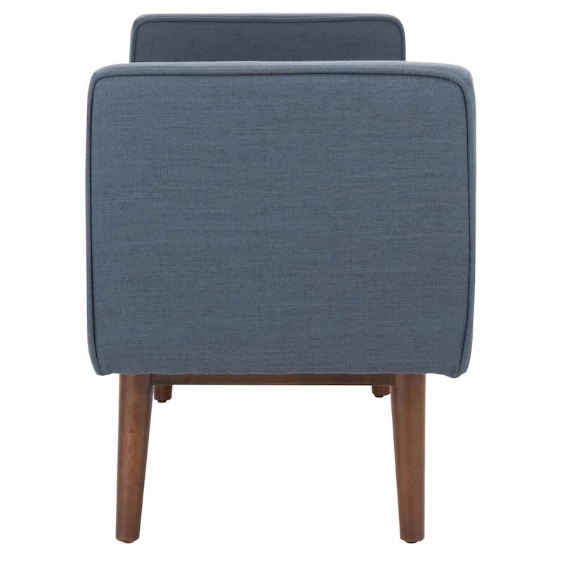 Gepolsterte Sitzbank im Mid-Century-Modern-Stil mit gepolsterten Armlehnen, Walnussholzbeinen, Samt und Leinen