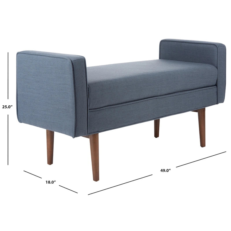 Gepolsterte Sitzbank im Mid-Century-Modern-Stil mit gepolsterten Armlehnen, Walnussholzbeinen, Samt und Leinen