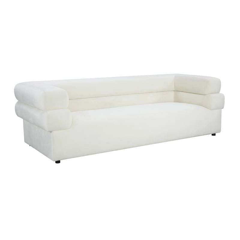 Modern Velvet Upholstered Sofa with Stacked Arms in Light Grey Cream