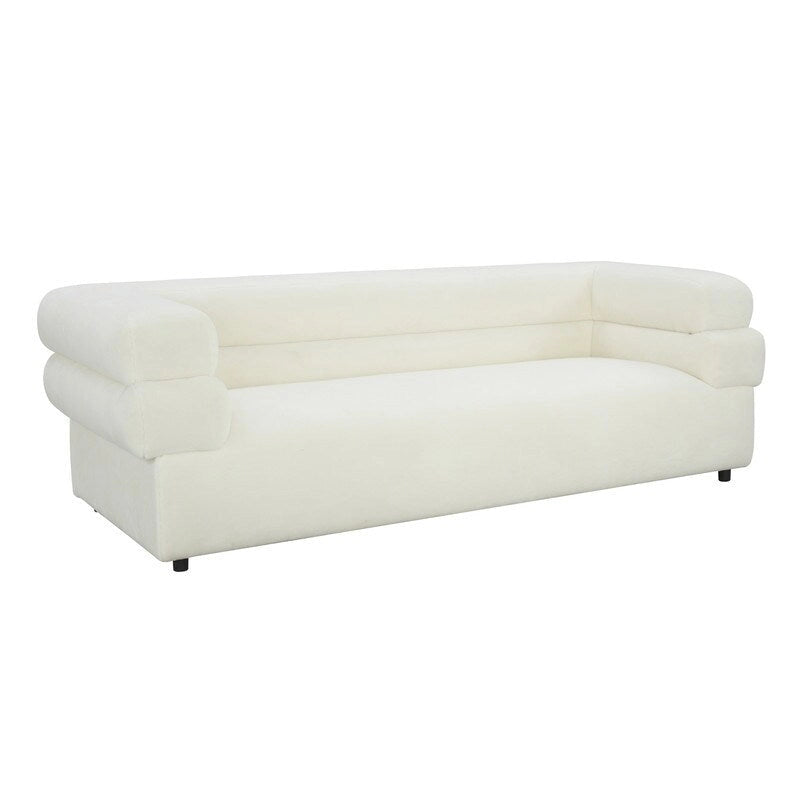 Modern Velvet Upholstered Sofa with Stacked Arms in Light Grey Cream