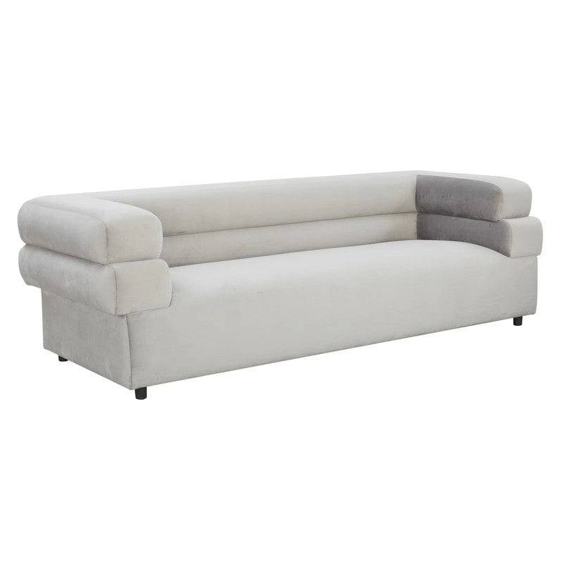 Modern Velvet Upholstered Sofa with Stacked Arms in Light Grey Cream