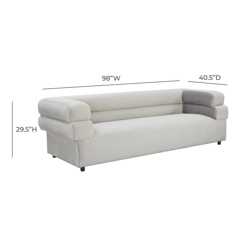 Modern Velvet Upholstered Sofa with Stacked Arms in Light Grey Cream