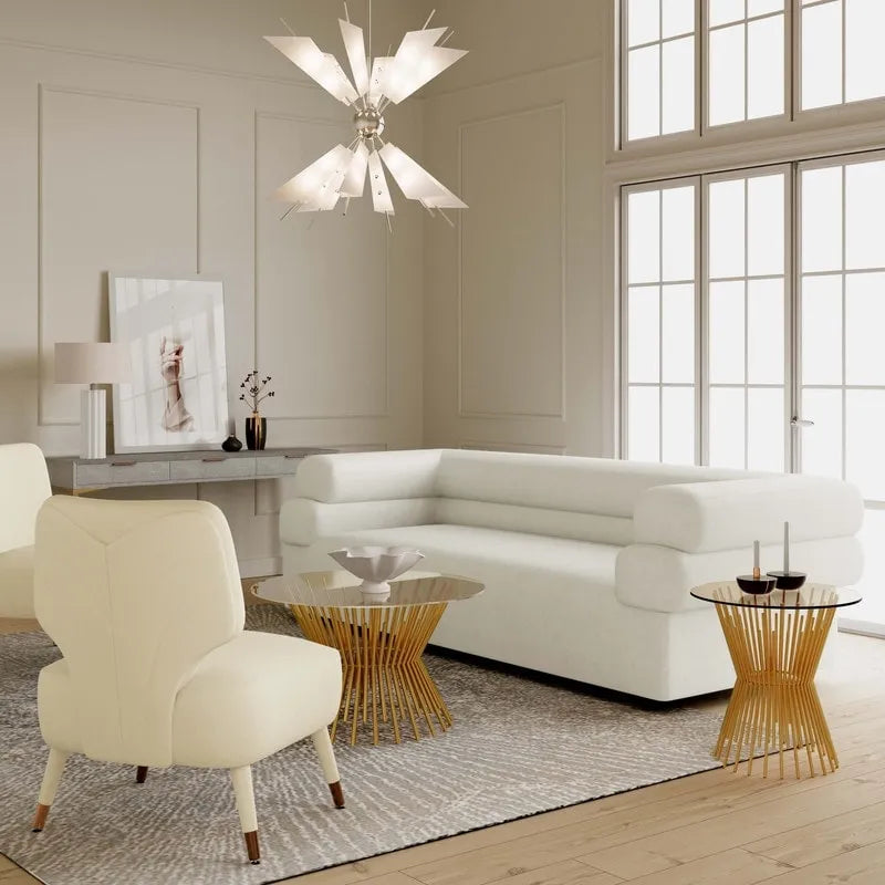 Modern Velvet Upholstered Sofa with Stacked Arms in Light Grey Cream