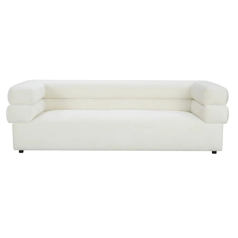 Modern Velvet Upholstered Sofa with Stacked Arms in Light Grey Cream