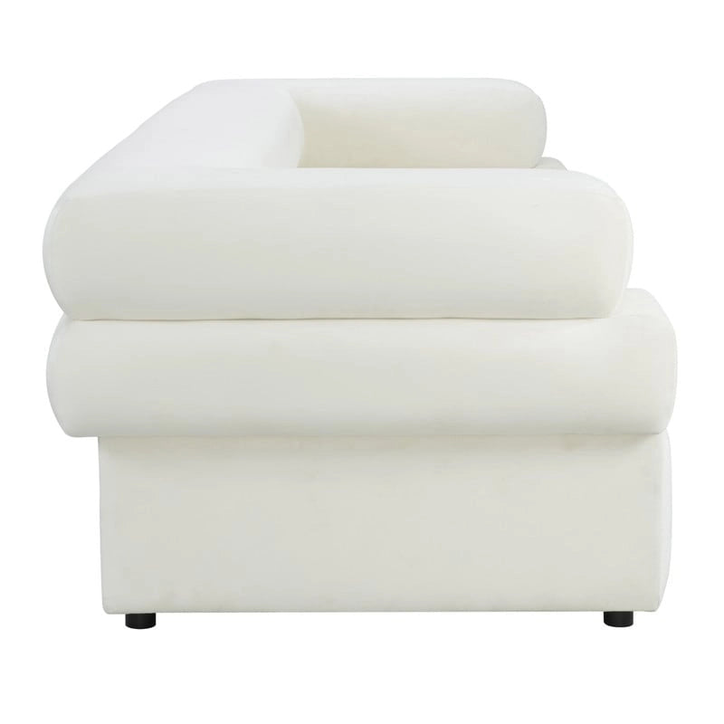 Modern Velvet Upholstered Sofa with Stacked Arms in Light Grey Cream