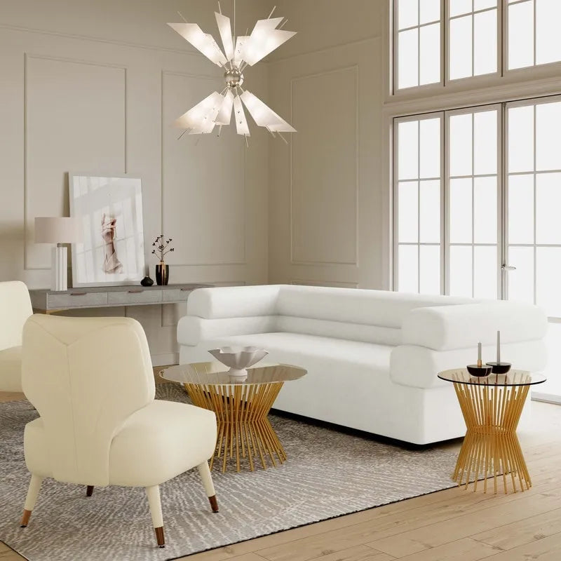Modern Velvet Upholstered Sofa with Stacked Arms in Light Grey Cream