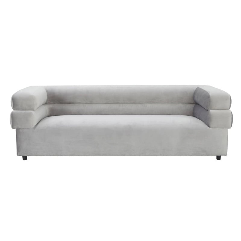 Modern Velvet Upholstered Sofa with Stacked Arms in Light Grey Cream