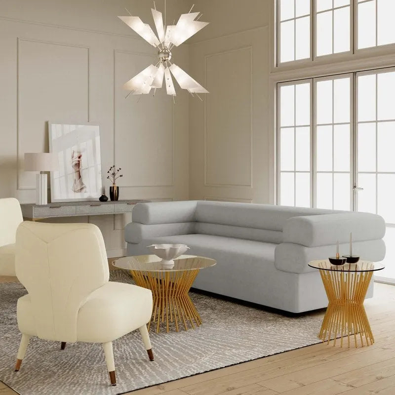 Modern Velvet Upholstered Sofa with Stacked Arms in Light Grey Cream