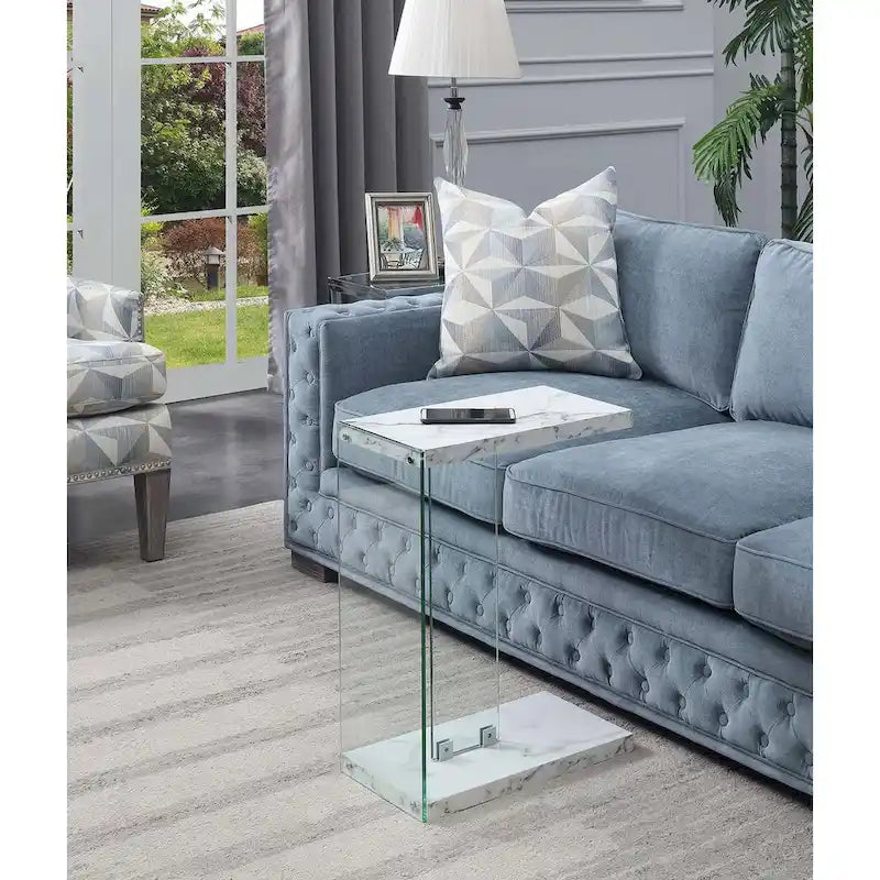 Modern Glass C-Shaped End Table with Two-Tier Shelves for Living Room