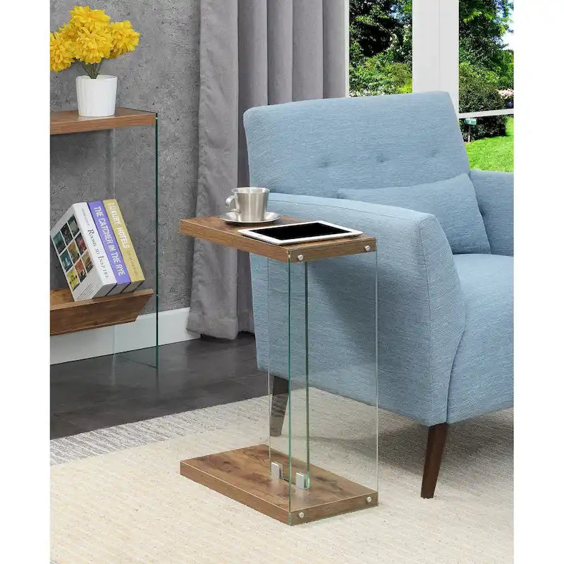 Modern Glass C-Shaped End Table with Two-Tier Shelves for Living Room
