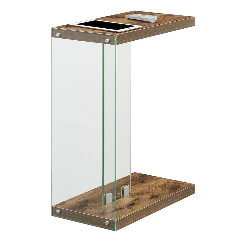 Modern Glass C-Shaped End Table with Two-Tier Shelves for Living Room