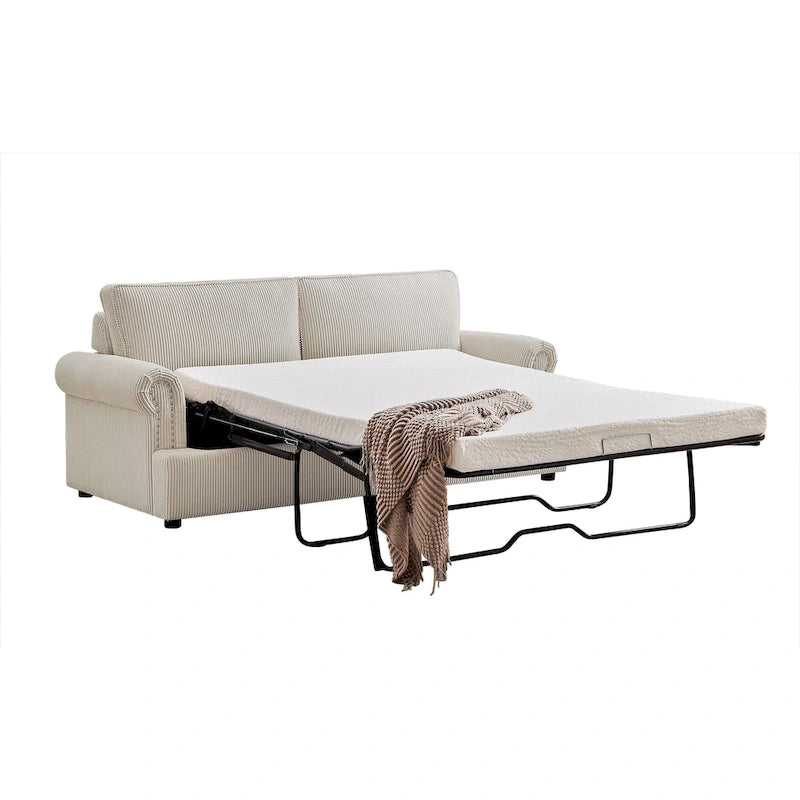 Cord-Schlafsofa mit ausziehbarem Queensize-Bett und gepolsterten Armlehnen