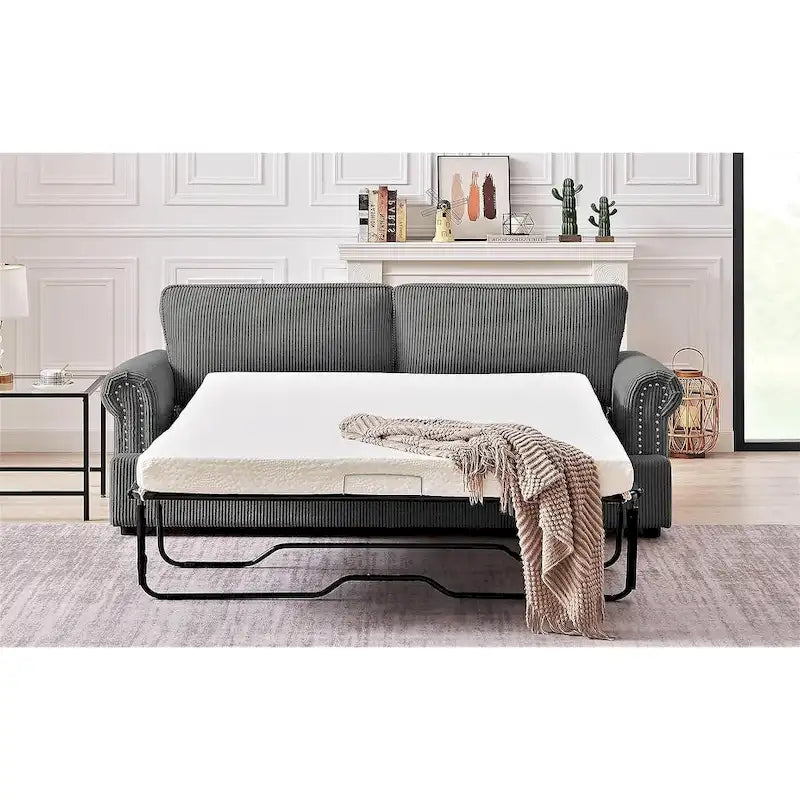 Cord-Schlafsofa mit ausziehbarem Queensize-Bett und gepolsterten Armlehnen