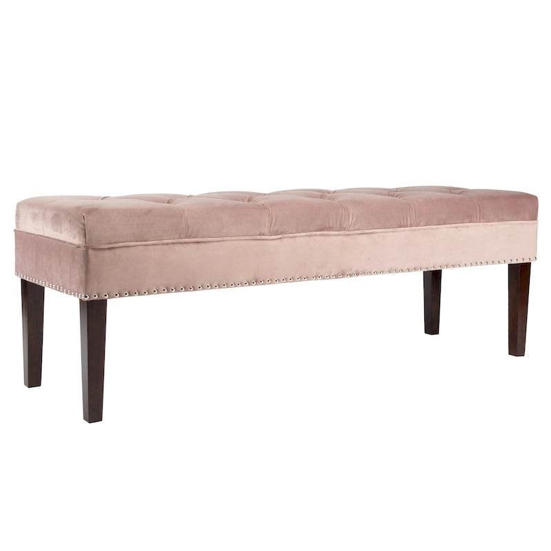 Velvet Tufted Upholstered Accent Bench with Silver Nailhead Trim and Tapered Legs