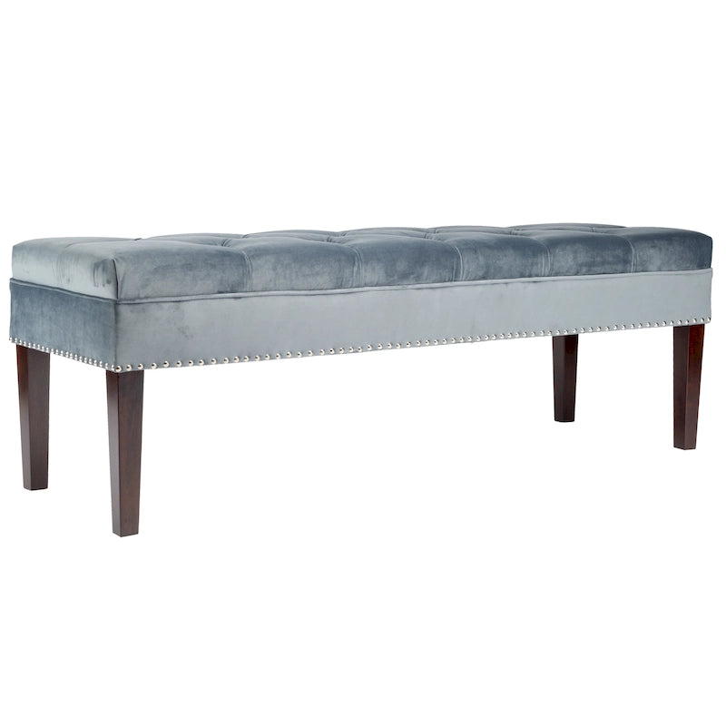 Velvet Tufted Upholstered Accent Bench with Silver Nailhead Trim and Tapered Legs