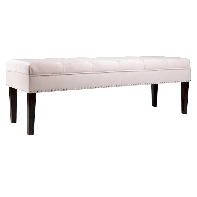 Velvet Tufted Upholstered Accent Bench with Silver Nailhead Trim and Tapered Legs