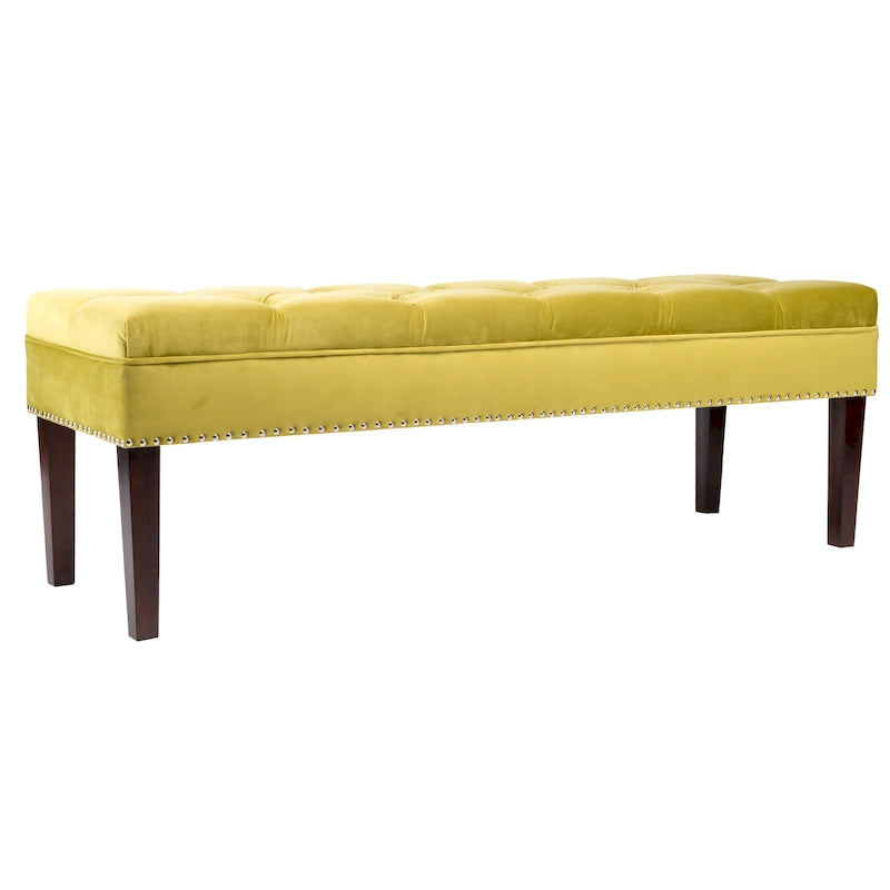 Velvet Tufted Upholstered Accent Bench with Silver Nailhead Trim and Tapered Legs
